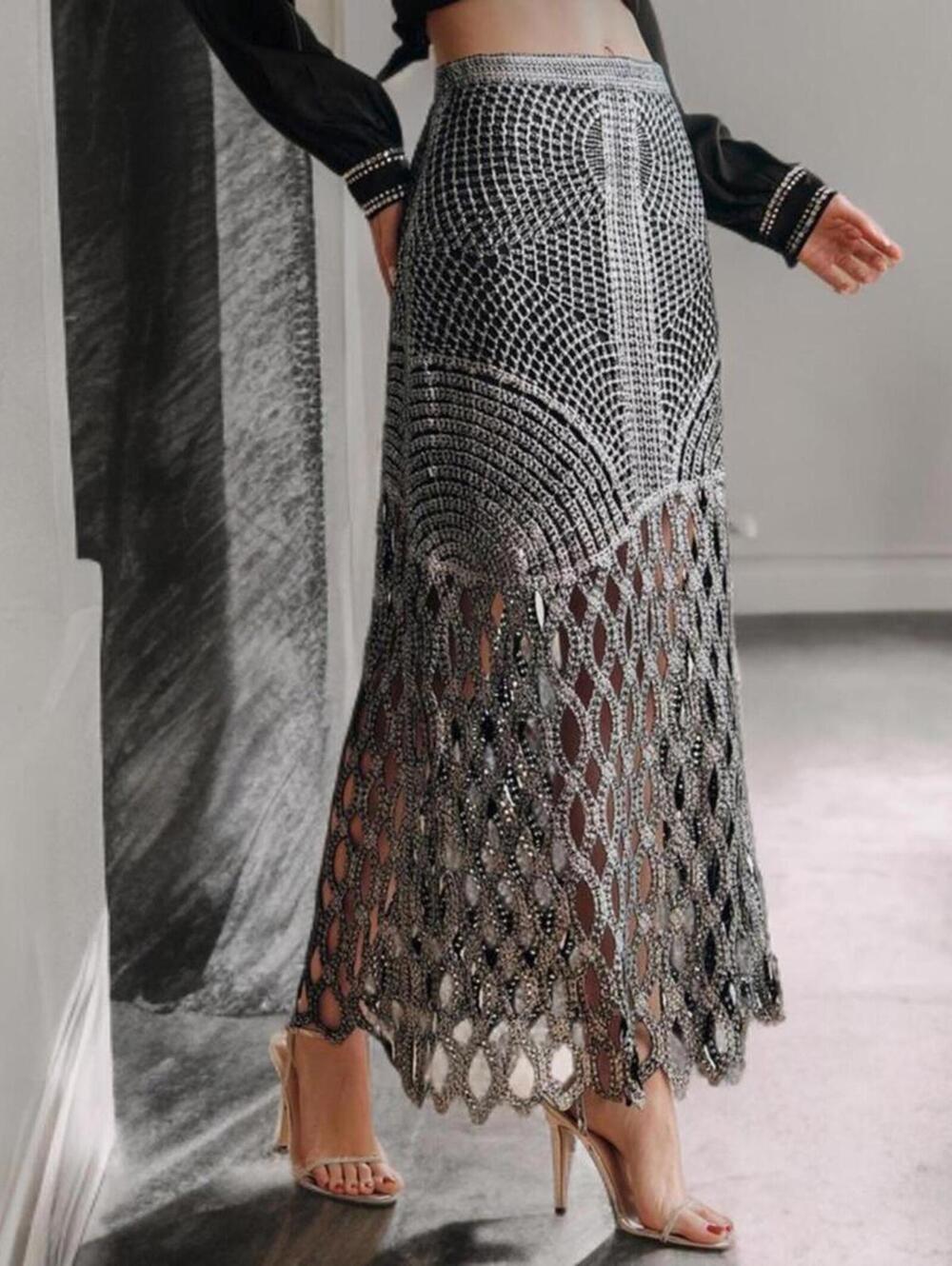 NWT Elegant Euro Sheer Knotted Crochet Lace Silver Metallic A-Line Maxi Skirt - Picture 4 of 12